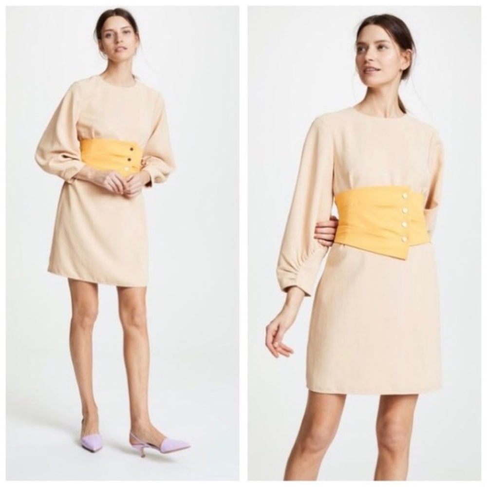 TIBI Gathered Sleeve Corset Fit and Flare Dress in Cream with Yellow Belt